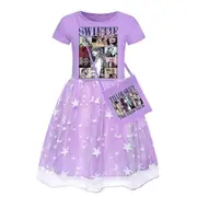 Kids Girls Taylor Swiftie Dress Rainbow Tulle Dress With Bag Princess A-Line Dresses Birthday Party Skirt Gifts Purple 9-10 Years
