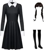 Wednesday Addams Costume Dress Women's Girls Carnival Cosplay Black Dress Gothic Uniform Kids Nevermore Academy Halloween Outfit with Things and Wig 150