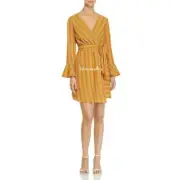 HOT Vero Moda Ladies Yellow Stripe Wrap Mini Dress Bell Sleeve New Tag 1 ONLY