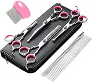 Dog Grooming Scissors Stainless Steel Safety Round Tip 6 in 1, Heavy Duty Titanium Coated Pet Grooming Scissor, Professional Sharp Durable Shears, Thinning, Straight, Curved for Cat's Long Short Hair