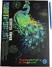 Pracht Creatives Hobby - Scratching Picture Peacock with Scratch Pen, Pack of 4, Glow in The Dark, Size Approx. 28.5 x 21 cm, Scratch Pictures for Children and Adults