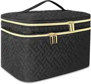 Makeup Bag Organiser for Women, Large Double Layer Cosmetic Make Up Bag with Brush Compartment, Portable and Water-Resistant Toiletry Bag Travel Essentials, Black