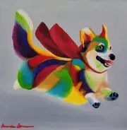 Rainbow abstract Corgi oil painting colorful dog portrait original 14x14