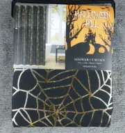 Halloween Shower Curtain 72”x72” Black with Gold Spider Webs Goth NWT