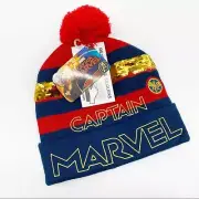 NEW Captain Marvel Knit Hat Cap Beanie Red Blue Reversible Sequin Youth OS