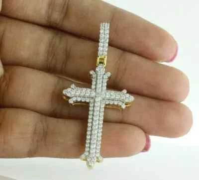 Real Moissanite 2.40Ct Round Cut Cross Charm Pendant 14K Yellow Gold Plated