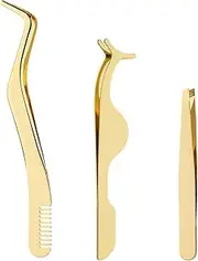 3pcs Eyelash Tweezers, Multifunctional Lash Tweezers Set Stainless Steel Eyelash Applicator Tool Reusable Eyelash Extension Tweezers for False Lashes Makeup(Golden)