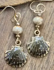 Gold, Champagne and Sparkly Gray Shell Earrings. Beach. Sea