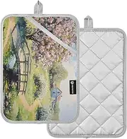 Cherry Blossoms Villagers Small Pot Holders Heat Resistant Potholders Set of 2 Kitchen Mitts and Pot Holders