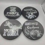Set (4) Williams Sonoma plates Black Matte Wine & Cheese Motif Small Stoneware