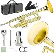 Fesley Bb Standard Trumpet Set for Beginner, Brass Trumpets for School Band Orchestra, Student Trumpet Instrument with Hard Case, 7C Mouthpiece, Cleaning Kit, Gloves, Gold