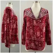 Rachel Zoe Floral Embroidered Boho Peasant Tunic Top Cotton Red Size XS NWT