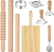 9 Pcs Pasta Making Tools Set, Wooden Rolling Pin, Gnocchi Board, Ravioli Stamp Maker Cutter, Pastry Cutter Wheel, Dumpling Maker Press, Pierogi Skin Mold for Making Pizza Pie Dough Dumplings Pierogi