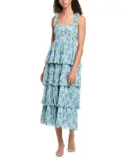 GANNI Pleated Georgette Flounce Smocked Midi Dress