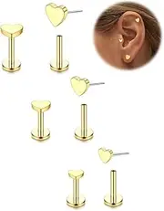 [Fiasaso] 14K Gold Plated Flat Back Stud Earrings - 20G 18G 16G Hypoallergenic Surgical Steel Threadless Push in CZ Heart Snake Star Stud Piercing Jewelry Tragus Helix Cartilage Conch Nose Lip Monroe
