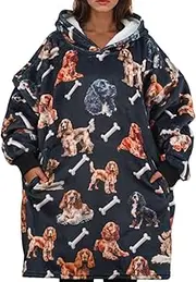 [Huglanket] Cocker Spaniel Gifts for Women & Men, Cocker Spaniel Themed Wearable Flannel Blanket Hoodie, Oversized Hooded Sweatshirt, One Size, Black, Black, One Size
