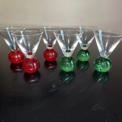 6 Vintage Glasses Italian Retro Blown Bubble Bar Cordial Shot Glass Red & Green