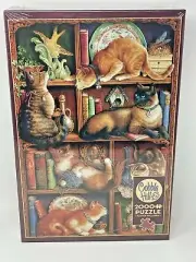 New Cobble Hill 2000 Piece Jigsaw Puzzle Poster Included Feline Bookcase