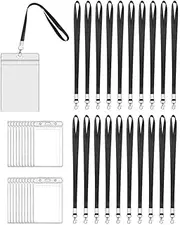 20 Pack Waterproof Clear Plastic Vertical Name Tags Badge ID Card Holders and 20 Pcs Flat Neck Lanyards for Office ID Name Tags（Black Flat Neck Lanyards）