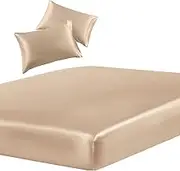 SiinvdaBZX 3-Piece Set Satin King Fitted Sheet & 2 Pillowcase, Beige Silky Soft Fitted Bottom Sheet, Wrinkle Free, Fade Resistant, Deep Pocket Bed Sheet (Deep Up to 15")
