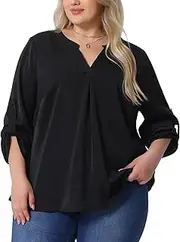 [Agnes Orinda] Plus Size Chiffon Top for Women V Neck Long Sleeve Rolled Up Sleeves Pleated Back Shirts Casual Tops