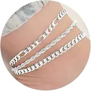 [BelleVive] 3 Pieces Sterling Silver Anklet for Women with Strong Lobster Clasp Cuban Link Figaro Flat Mariner Snake Herringbone Paper Clip Waterproof Anklet, L, Plastic
