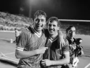 Michael Robinson And Alan Kennedy Of Liverpool Celebrate 1984 Soccer Old Photo