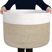 Extra Large 100% Cotton Rope Basket 21.7" × 21.7" × 13.8", SONPENT Woven Storage Laundry Basket Cotton Basket Pillows Storage Bin with Handle for Living Room Home Decor