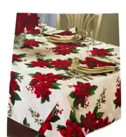 Vintage Bardwil Ivory Red Poinsettia Berry Damask Christmas Tablecloth Oblong