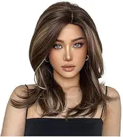 RETROGOO Shoulder-Length Wigs for Women, Layered Synthetic Fibers Brown Mixed Blonde Wig, Comfortable Cap & Adjustable Size