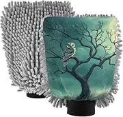 XYMZR Owl Tree Moon Absorbent Microfiber Car Wash Mitt, Funny Cute Anime Scratch Free for Cars Cleaning, Home Cleaning Mitts, 2 Pack, 10.24” L x 7.09” W