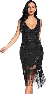[NeeMee] Women's 1920s Gatsby Dress V Neck Sequin Bead Fringed Cocktail Hem Flapper Dress