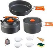 Camping Cooking Set - Compact Camping Pots, Multi Purpose Utensils | Aluminum Kettle Set with Stainless Steel Cups Plates Forks Knives Spoons for Camping Backpacking Outdoor Cooking Picnic