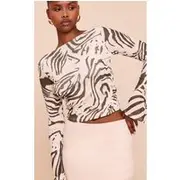 Cream Zebra Print Double Layer Burn Out Mesh Asymmetric Flared Sleeve Top, Cream