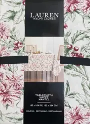 Ralph Lauren Christmas Red Green Holly Mistletoe Poinsettia Tablecloth 60 x 104
