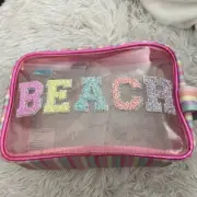 Miss Gwen Clear Beach Makeup Bag Rainbow Zipper. BEACH Sparkles Clear