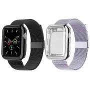 Metal Watch Band Strap with Screen Protective Case for Apple Watch iWatch 44mm-Black and Purple