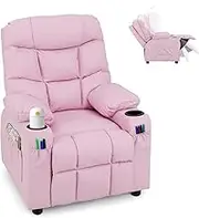 HONEY JOY Kids Recliner Chair with Cup Holder, Adjustable Leather Lounge Armchair w/Footrest Cup & Side Pockets, Toddler Upholstered Lounge Recliner for Boys Girls (Pink)