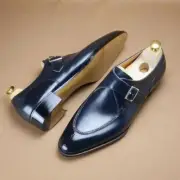 Handmade Mens Navy Blue Leather Monk Shoes, Mens leather Dress Shoes