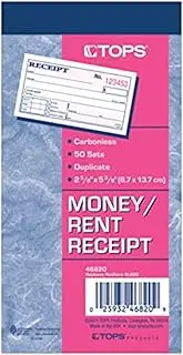 TOPS Money Receipt Book, 2-Part, Carbonless, 2 5/8 x 5 3/8 Inches, 50 Sheets, White and Canary, (46820)