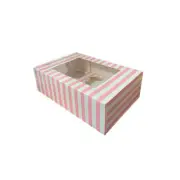 Pink & White Stripe Cupcake Box 6 Wells PVC Window High Gloss Includes Insert