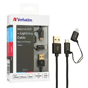 (福利品) Verbatim 威寶 Lightning + Micro USB 二合一傳輸線120CM(黑灰色)