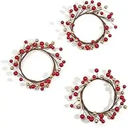 Fall Candle Rings for Pillars - Fits 3 Inch Candles, Set of 3, Red Berry Mini Wreath for Centerpiece, Gold Accents, Farmhouse Candle Holder for Christmas Candles, Thanksgiving or Winter Wedding