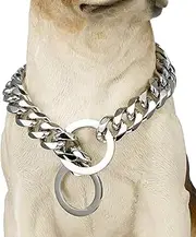 Tobetrendy Chain Dog Training Choke Collar Silver Cuban Link Dog Collar 316L Stainless Steel Metal 15mm Heavy Duty Slip Collar for Medium Large Dogs(15MM, 22")