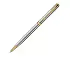 Parker Sonnet Ballpoint Pen Stainless Steel & Gold Slim Blue Ink New In Box