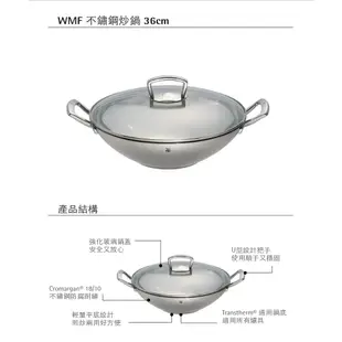 德國 WMF 不鏽鋼炒鍋 36cm 單柄鍋 炒鍋 含強化玻璃鍋蓋 通用各種鍋具