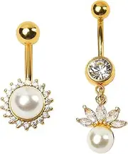 [Niaspi] 2Pcs 14G Stainless Steel CZ Pearl Belly Button Rings for Women Hypoallergenic Flower Pearls Dangle Belly Rings Navel Curved Barbell Body Piercing Jewelry 10mm
