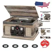 6-in-1 Bluetooth Record Player & Multimedia Center in Farmhouse Shiplap Grey