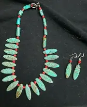 Necklace Earrings Set Stabilized Turquoise Red Coral Metal Bead Southwestern Art