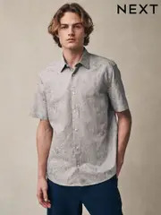 Neutral Grey Regular Fit Print Short Sleeve Shirt (AD0461) | $64